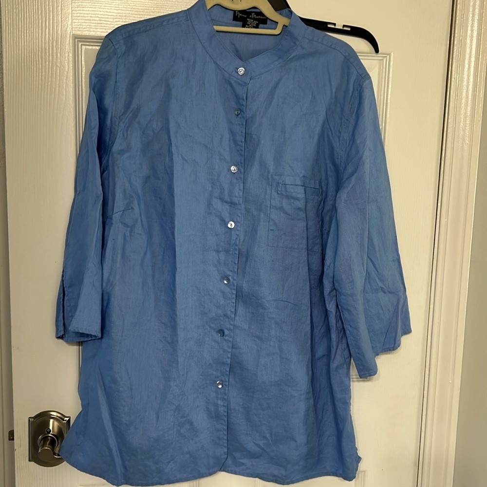 Mercer & Madison Women's 100% Linen tunic Shirt 3/4 Slit Sleeve Blue  3X coastal